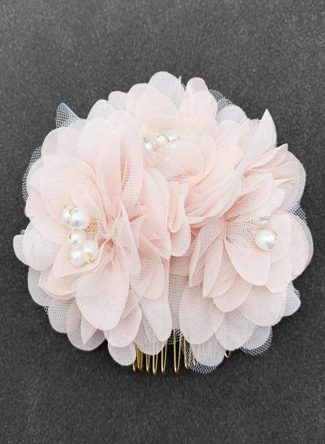 BETITETO Pink Flower Hair Comb Bridal Pearl Chiffon Floral Hair Buns Pins Accessories for Wedding Party Banquet - Image 4